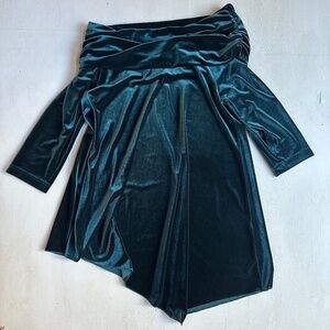 Snoskins Teal Blue Velvet Off Shoulder Asymmetrical Tunic Top